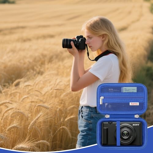 Image of Hard Travel Case for Sony ZV-1F / ZV-1 / ZV-1 II Digital Camera, Vlogger Camera Storage Holder Travel Bag with Zipper Mesh Pocket for Battery Pack, Charging Cable, USB Card, Blue