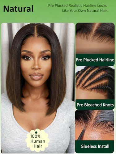 Image of KLAIYI Bye Bye Slip Yaki Straight Bob Wig Glueless Ombre Highlight Balayage Brown Precut 7x5 Lace Front Wigs Human Hair Drawstring Pre Plucked Bleached Knots Ready to Wear and Go Beginners Wig 10Inch