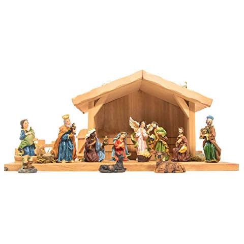 mgc24 Weihnachtskrippe Tischkrippe aus Holz, komplett mit 11 Krippenfiguren handbemalt, LED-Beleuchtung Cover