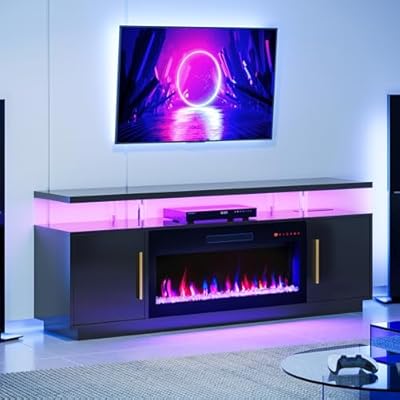 BELLEZE 70" Fireplace TV Stand for TVs up to 75", LED Light Entertainment Center with 36" Electric Fireplace, Storage Cabinet with USB AC Outlet, Media Console Table for Living Room - Avenue (Black)