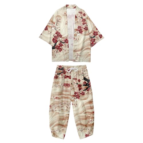 Image of DOSLAVIDA Men's Japanese Kimono Jacket Set Stylish Open Front Coat With Shorts Chinese Style Printed Cardigan Suit
