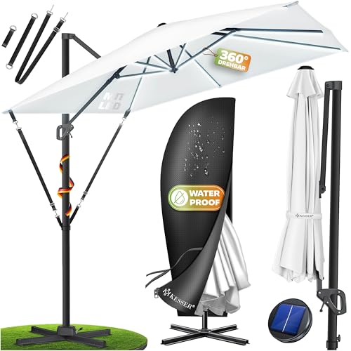 KESSER Sun XL Parasol déporté solaire à LED - 300 x 300 cm - Avec housse + protection contre le vent - Rotatif - Inclinable - Grand parapluie de marché - Rotation à 360 ° - Avec manivelle - Protection