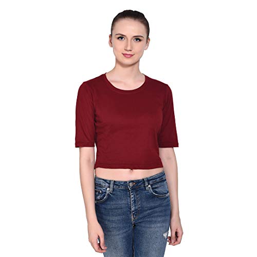 Image of Geum Women's Cotton Round Neck Half Sleeve Maroon Crop Top (Maroon, Large)