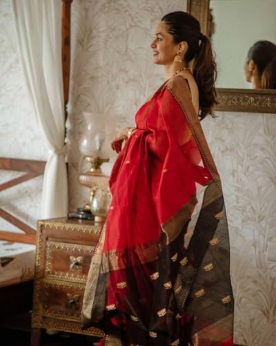 Image of Flosive Women's Cotton Red Silk Saree With Weaving With Blouse
