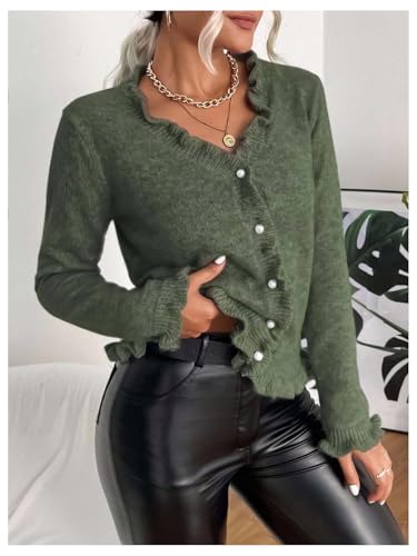 Image of Verdusa Women's Ruffle Trim V Neck Button Down Long Sleeve Knit Cardigan Sweater