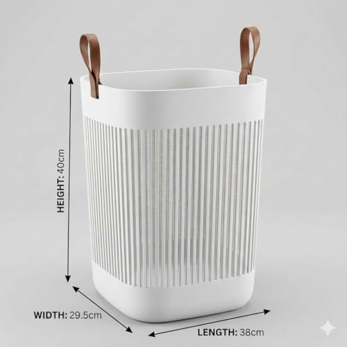 Image of AIR O MATIC Plastic Rectangle Laundry Basket with Breathable Slotted Design & Ergonomic Leather Grip Handles - Large Ventilated Clothes Hamper for Bedroom, Bathroom & Laundry Room (White)