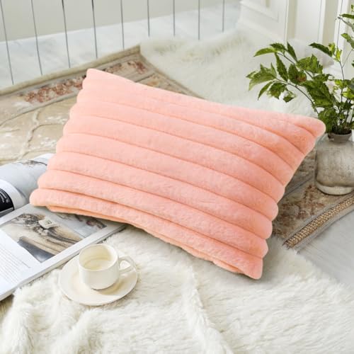 Image of decorUhome Fall Cozy Faux Fur Throw Pillow Covers 12x20 Set of 2 Decorative Plush Striped Lumbar Modern Farmhouse Boho Couch Pillow Cases with Velvet Back for Sofa Bed Living Room, Blush Pink