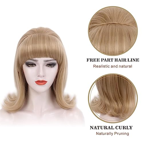 REEWES Beehive Wig With Bangs 50's Flip Wig For Women 60s 70s Party Costume Cosplay Halloween(Blonde Highlight) - Image 3