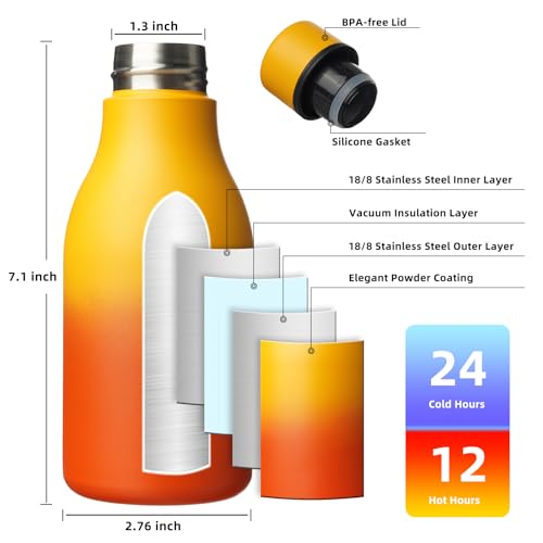 Image of BJPKPK Insulated Water Bottles, 12oz Stainless Steel Metal Water Bottle with Strap, BPA Free Leak Proof Jugs, Mugs, Flasks, Reusable Thermal Flasks for Sports & Travel, Sunset Orange