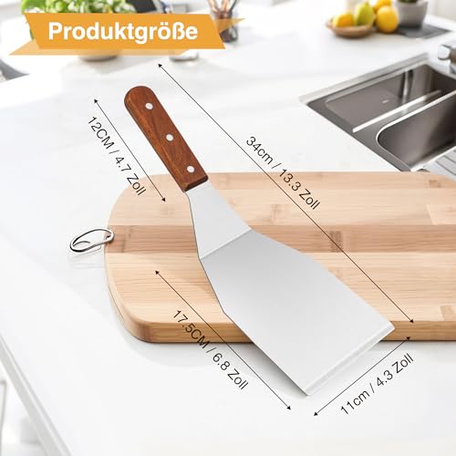 Duża łopatka kuchenna ze stali nierdzewnej z drewnianym uchwytem, 34 x 11 cm, odporna na wysokie temperatury, wytrzymała metalowa szpatułka do grillowania, naleśników, pizzy i zastosowań kuchennych