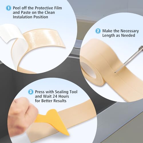 Image of Waterproof Seal Caulk Strip Tape Self Adhesive for Sink Toilet Bathroom Wall Edge Bathtub Oil-Proof Caulking Sealing Tape 1.5 inch x 10.5' (W*L) 3Pcs Beige