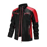 Men's Stylish Color Blocking PU Leather Jacket, Multi Zipper Design Street Style Retro Classic Motor Jacket (US, Alpha, 3X-Large, Regular, Regular, Red)