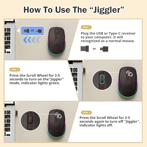 seenda Wireless Mouse, Type C Mouse with Jiggler - Light Up USB C Mouse, USB&Type C Receiver, Build-in Jiggler Mover Compatible with MacBook,iPad,Windows Tablet/Laptop/Computer, Brown - Image 4