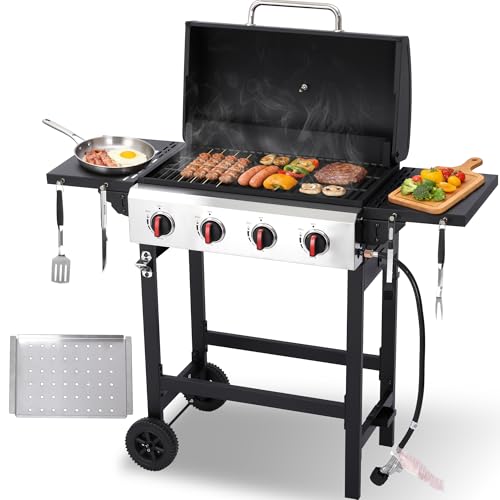 LMNOCHM Propane Grill with Folding Side Tables, 4-Burner Gas Grill with Porcelain-Enameled Cast Iron Grates and Stainless Steel Grill Pan, 40,000 BTU BBQ Grill with Wheels for Outdoor Cooking