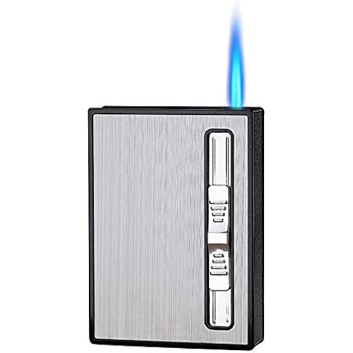 Cigarette Case with Built-in Lighter Windproof Refillable Butane Jet Torch Lighter Automatic Ejection Cigarette Case Dispenser Box Holder (Gray)