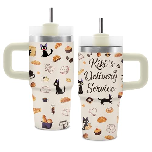14 Oz Kiki Tumbler with Handle and Straw for Kids, Insulated Stainless Steel Kiki's Cats Mug, Anime Gifts for Girls, Kiki's Delivery Service