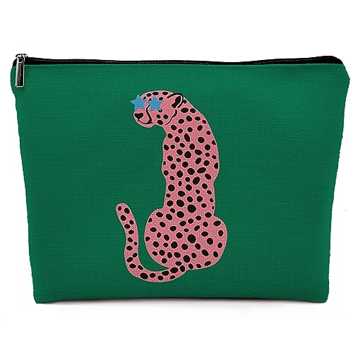 Preppy Leopard Print Cosmetic Bag, Wildlife Animal Asian Pink Cheetah Makeup Bag Zipper Cosmetic Pouch Bag Travel Linen Makeup Organizer, Trendy Gifts for Women Teen Teenager Girls Her Teens