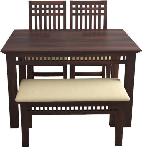 Image of Sheesham Wood 4 Seater Dining Table with 2 Cushioned High Back Chairs and 1 Bench for Living Room Wooden Dining Room Sets Furniture for Dinner Rooms & Hotels (Mahoghany Finish)