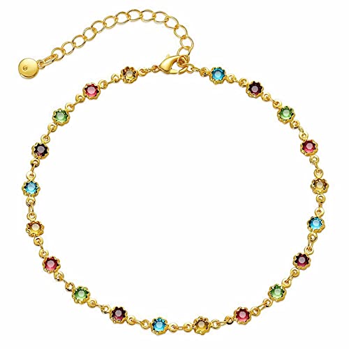 18K Gold Plated Anklet, Adjustable Bohemian Square Coloured Zirconia Anklet, Beach Holiday Jewellery For Women