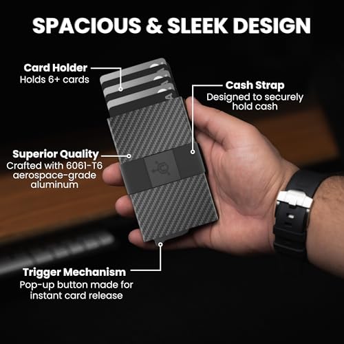 Image of CODE 118 Wallet for Men - Slim Minimalist Aluminum Smart Wallet with RFID Blocking - Compact cash and Credit card holder with Pop Up Ejector (Classic, Carbon Fiber)