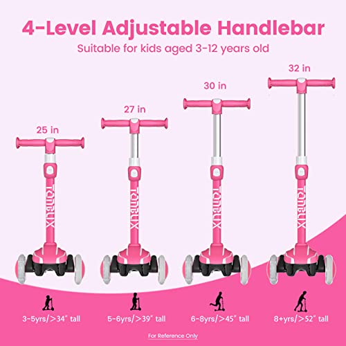 Tonbux Kids Scooter For Age 3-12, Toddler Scooter With 4 Adjustable Heights, Light Up 3-Wheels Scooter, Shock Absorption Design, Lean To Steer, Balance Training Scooter For Kids, Pink #TOP1