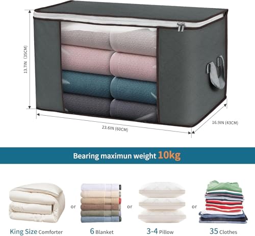 Image of Large Storage Bags, 3 Pack Clothes Storage Bins Foldable Closet Organizers Storage Containers with Durable Handles Thick Fabric for Blanket Comforter Clothing Bedding 90 L (Gray) | Foldable Storage Containers, with Reinforced Handle, for Clothing, Blanket, Comforters, Bed Sheets, Pillows and Toys,Gray