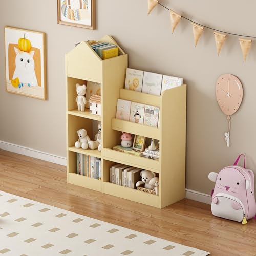 Oosofi Wood Wooden Bookshelf Toy Storage Organizer with Bookcase, Kid's Bin Storage Unit with 6 Compartments 2 Baskets Bins Toys Box Organizer, Children Multi Shelf Cubby for Books, Toys Shelf