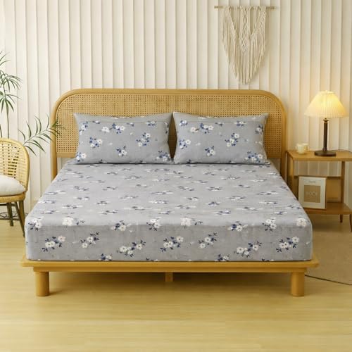 Image of Designer Floral Printed Flat Bedsheet for Double Bed 200tc to 220tc | Ultra Soft Cotton Fabric | King /Queen Size Top Sheet with 2 Matching Pillow Covers - 228 x 228 Cm, Grey