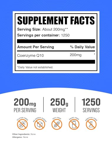 Image of BulkSupplements.com Coenzyme Q10 Powder - Coenzyme Q10 200mg Supplement, Nutritional Supplement - Gluten Free, 200mg per Serving, 250g (8.8 oz) (Pack of 1)
