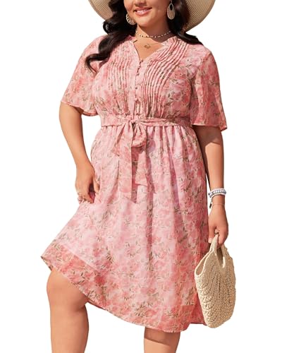 Image of Plus Size Pink Floral Dress for Curvy Women V Neck Short Sleeves High Waisted Boho Midi Dress with Pockets
