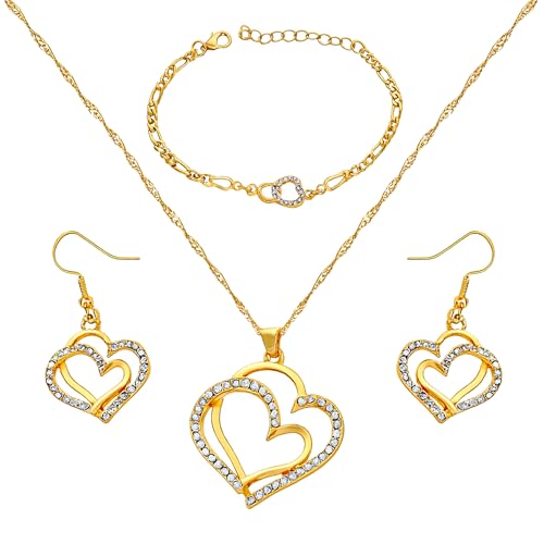 Gold-Plated Heart Crystal Jewelry Set for Women – Necklace, Bracelet & Earrings with Rhinestone Accents – Elegant Gift for Wedding, Party, Anniversary