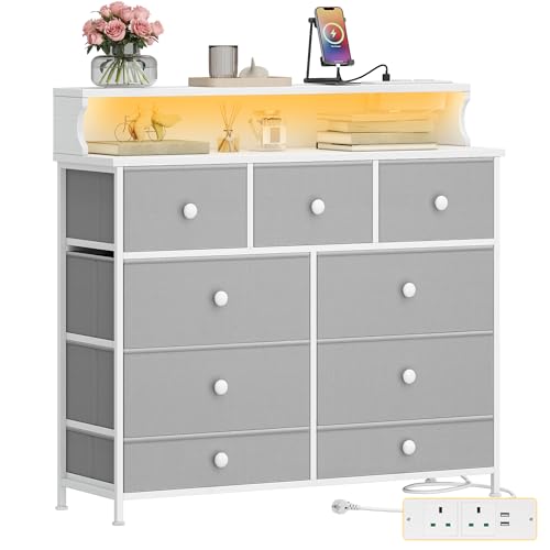 Hzuaneri Chest of Drawers Bedroom, 9 Fabirc Chest of Drawers with 2 Sockets, 2 USB Ports and LED Strips, Bedroom Storage Drawers with Wood Top and Steel Frame for Bedroom Living Room, Grey