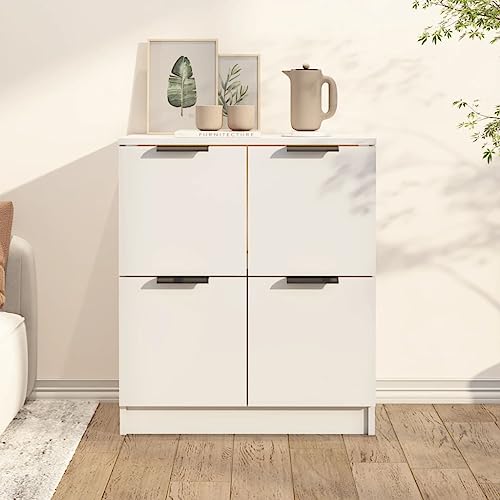 HaoChrymec Aparador Blanco de Madera de Ingeniería con 4 Puertas, Cajonera Blanca, Mueble Bajo Cocina, Aparadores para Salón, Armario Bajo, 60 x 30 x 70 cm