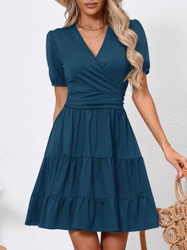 Image of Women's Casual Summer Dress V Neck Short Sleeve Flowy Stretchy Comfort Fit for Daily Wear Work Midi Dresses