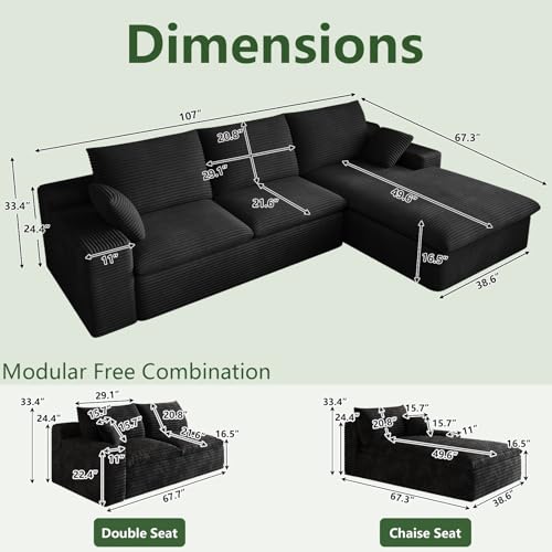 Image of 107 inch Cloud Couch Modular Sectional Sofa for Living Room, L-Shape Boneless Couch with Deep Seat, Modern Corduroy 3-Seater, No Assembly Required (Black,Right-Facing Chaise)