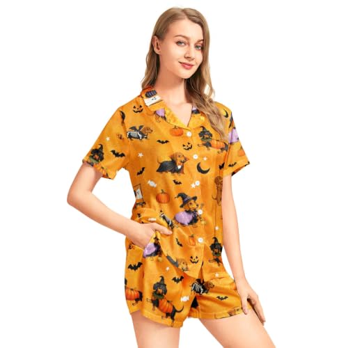 Image of Funny Pajamas for Women Set Print Satin Loungewear Pjs Short Sleeve Button Down Top and Shorts Sets Sleepwear XS-3XL