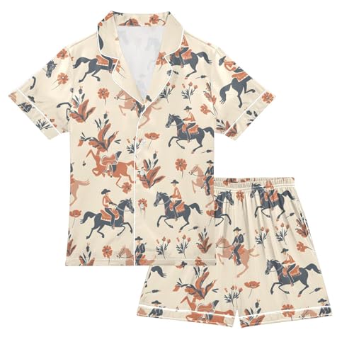 ALAZA Blossom Floral Leaf Horse Racing Satin Pajamas Set Short Sleeve Button Down Sleepwear Summer Pjs 2 Piece