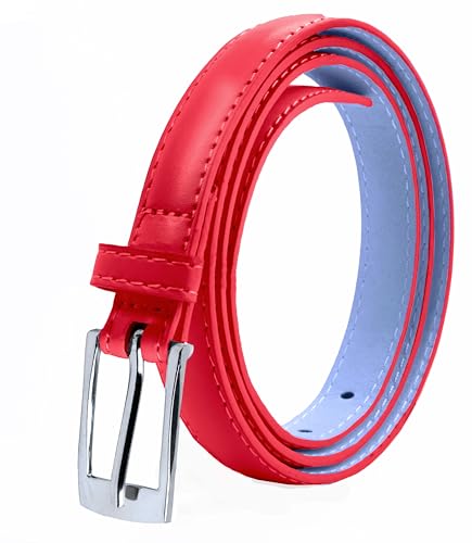 Belle Donne Belts for Women, Red Belt, Silver Polished Buckle, For Womens Clothes and Fine Dresses, Classy Style, X Large, Red