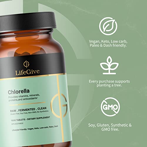 Lifegive, Chlorella Tablets, Premium Vegan Chlorella Supplements, High Strength & Bioavailable, Clean & Raw Superfood Formula, Easy-To-Swallow Capsules, 1500 Capsules #TOP3
