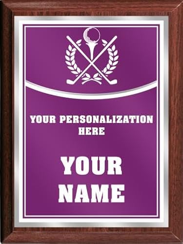 Crown Awards Golf Personalized Plaque Award, 6x8 Color Printed Metal Plate with Custom Engraving, Purple with White Plaque On Wood Finish