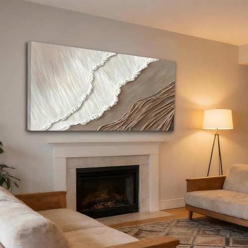 Art mural de plage vagues de l'océan, impression canvas abstraite haut de gamme marron et blanc