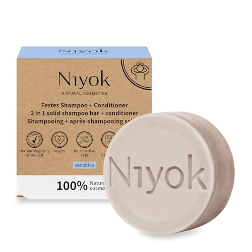 Niyok® Shampooing Solide 2-en-1 Sensitive (80g) • Sans Parfum • Pour Cuir Chevelu Sensible • Soin Capillaire Vegan & Naturel • Après-Shampooing Inclus • 100% Cosmétique Naturel • Sans Plastique