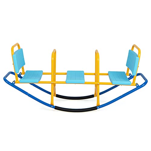 GLACER Teeter Totter Seesaw for Kids, 3-Person Metal Rocking Seesaw for Boys Girls Ages 3-8, 2 in 1 Indoor Outdoor Rocker Toy with Easy-Grip Handles, Playground Equipment for Backyard (Blue)