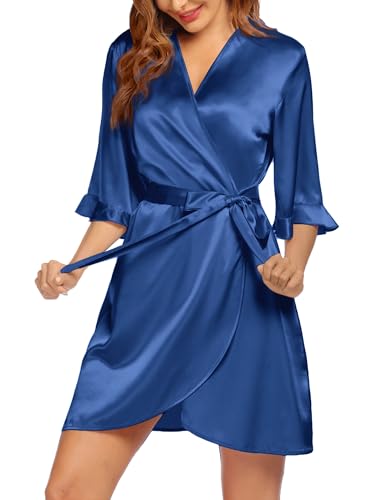 Image of Ekouaer Women's Satin Robe Valentines Lingerie for Women Kimono Bathrobe Short Ruffle Belted Robes Bridesmaids Sleepwear