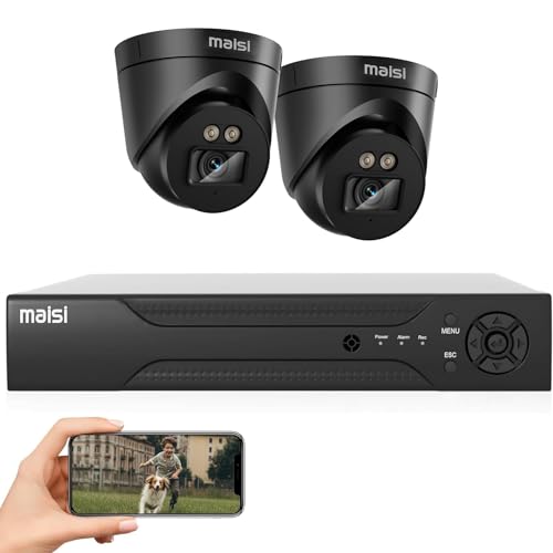MAISI 3K CCTV Security Camera System, 4CH DVR 2x 5MP Dome Cameras, Night Vision, Easy Mobile View, App Push Notification, Waterproof, NO Hard Drive