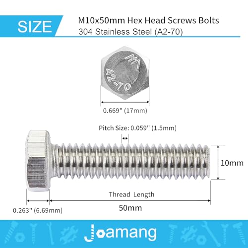Image of M10-1.5 x 50mm 10Pcs Hex Bolts, Hexagon Head Screws, 304 Stainless Steel(A2-70), Metric Fully Thread, Bright Finish
