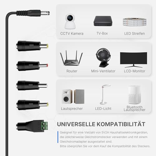 Gonew21 5V Netzteil 2A - Universal Netzteil 5V, 2 Meter langes Kabel AC Adapter Eingang 110-240V 50-60HZ, AusgangNetzteil 5V 2A 10W, 5 Steckernetzteil DC, AC/DC Adapter, LED-Licht, Mehr 5V-Geräte