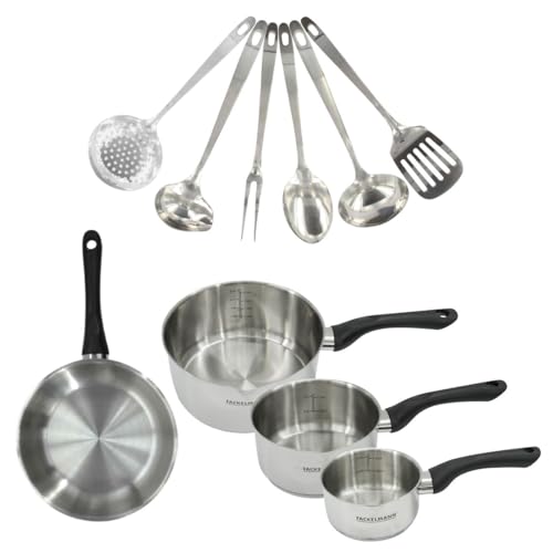 Fackelmann 9446150 Set 1 poêle 20 cm, 3 casseroles en inox 18/8 et 6 ustensiles inox, tous feux, induction, sans PFAS, Acier inoxydable 18/8, 12 16 20 cm, Gris Argent