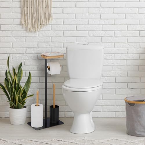 Image of Relaxdays WC Set, Bamboo, Stainless Steel, Free-standing, incl. 2 Spare Heads, Toilet Roll & Brush Holder, Black /Natural