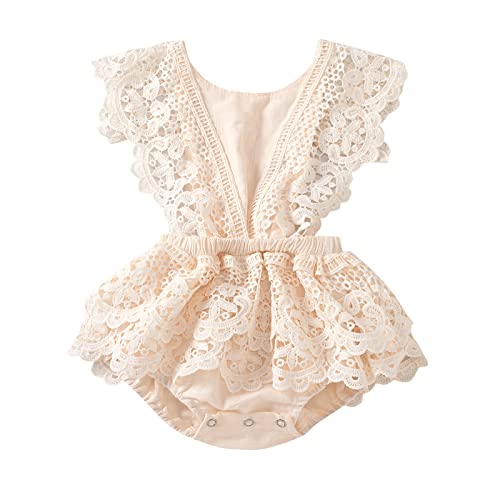 Image of Madjtlqy 2Pcs Newborn Baby Girl Lace Ruffles Sleeve Bodysuits Backless Jumpsuit Clothes Romper Set
